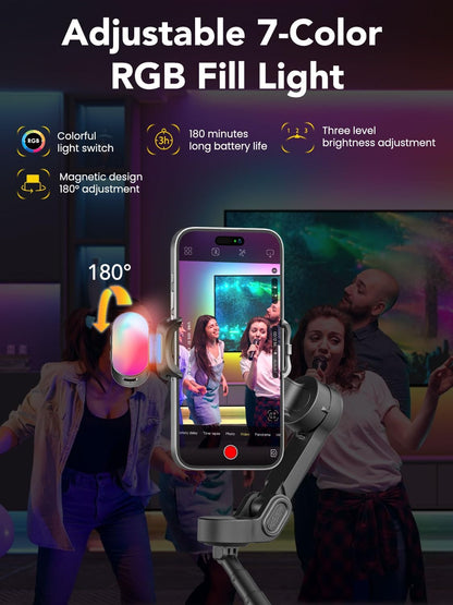 Smart X2 Smartphone Gimbal Stabilizer with 360°Rotation,OLED Display,Built-in 20cm Extension Rod Selfie Stick,Adjustable 7-Color RGB Fill Light, Ideal for Night Video Shoots,X2 KIT Black