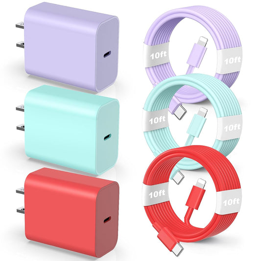 Compatible with iPhone 14 13 12 Charger, 20W Fast Charging Wall Charger, 10 FT USB ightning Cable,Phone Chargerr Cord for Phone 14/13/12/12 Pro Max/11/Xs Max/XR/X,AirPods Pro and More(Pueple/Blue/Red)