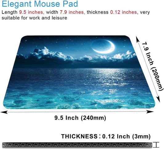 Ocean and Moon Mouse Pad, Romantic Moon On Sea in Magic Night, Waterproof Non-Slip Rubber Base Mousepad, 9.5"x7.9"x0.12" Inch
