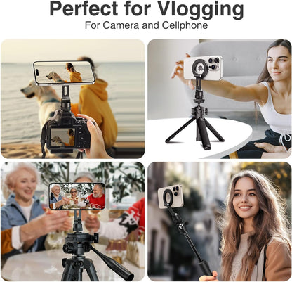 elitehood Aluminum Magnetic Camera Phone Mount with 360° Rotatable Cold Shoe Base, MagSafe iPhone Tripod Mount Adapter with 1/4” Screw & Hot Shoe, 180° Tilt Cell Phone Holder for Tripod Attachment