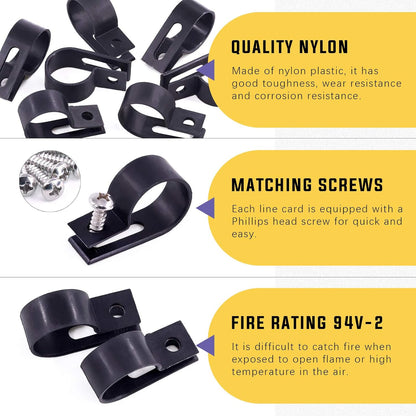 Swpeet 120 Pack White 3/4 Inch Nylon Plastic R-Type Cable Clips Clamp Kit, Nylon Screw Mounting Cord Fastener Clips with 120 Pack Screws for Wire Management (3/4 Inch, Black)