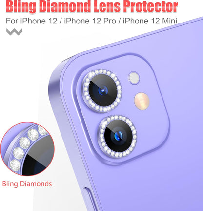 AGVEE 3+3 6 Pack Camera Lens Cover Protector for iphone 12 Series & 11 Series - Bling Diamond & Glitter Metal Ring 9H Tempered HD Glass, Purple
