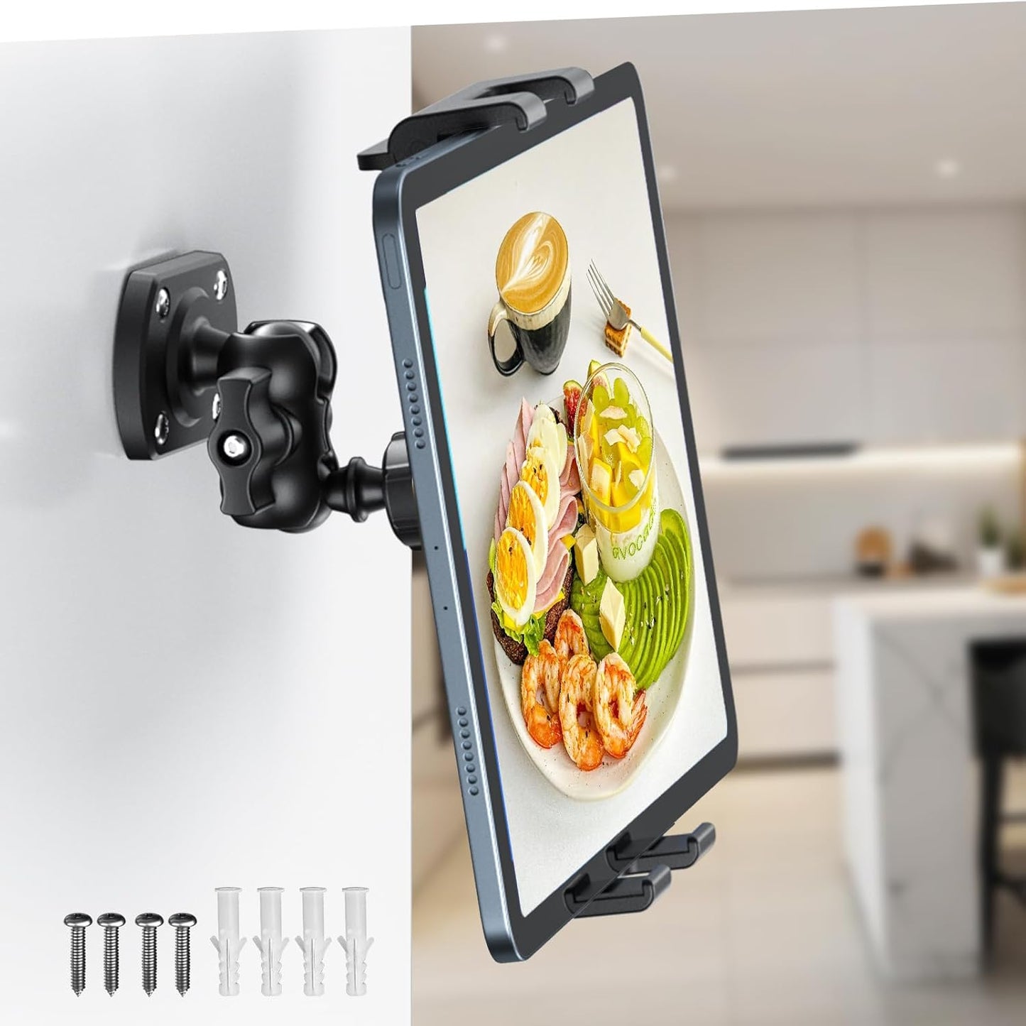 OHLPRO Tablet Wall Mount Holder for iPad 360° Adjustment with Arm and Heavy Duty Drill Base, Compatible with 5"-13" iPad Phone Samsung Tab eReader Surface Kindle for Home, Kitchen, Screw Installation