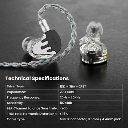 BASN BmasterX in Ear Audio Monitor, Hybrid 6 Drivers IEM Earphones with Crystal Clear Sound, Detachable Cable Plus Carrying Case & Fit Kit for Musician, Stage, Studio (3.5mm/4.4mm Jack, Black/White)