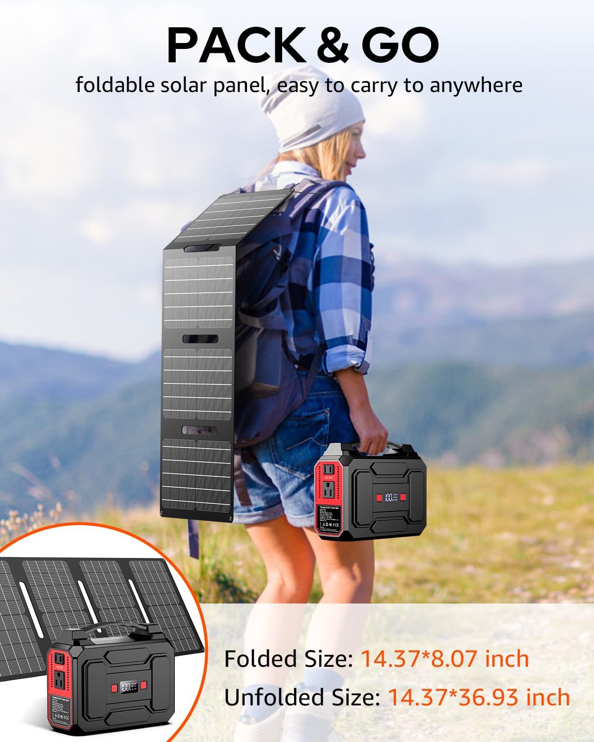 Solar Powered Generator 200W Peak/100W Rated, Portable Solar Generator Power Station with Solar Panels 40W Included, 146Wh Solar Power Bank with AC Outlet 110V for Home Use Camping Outdoor Adventure