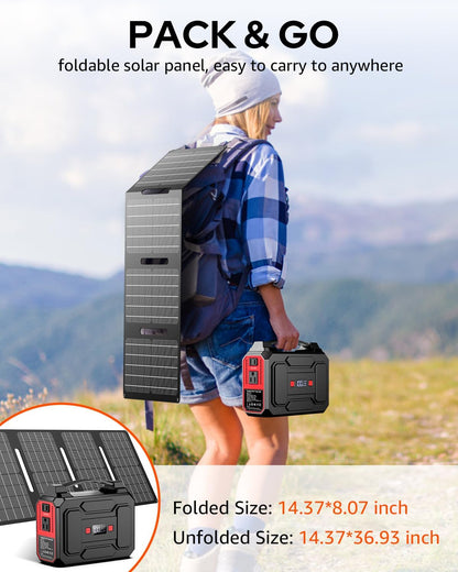 Solar Powered Generator 200W Peak/100W Rated, Portable Solar Generator Power Station with Solar Panels 40W Included, 146Wh Solar Power Bank with AC Outlet 110V for Home Use Camping Outdoor Adventure