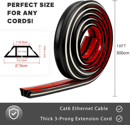 10ft Large Black Floor Cord Cover, Self-2" (W) x 0.6"(H), Cable Cavity:0.8"(W) x 0.4"(H), Adhesive Power Cable Protector, Silicone Cord Protector, Cord Management, Cord Concealer and Cable Hider