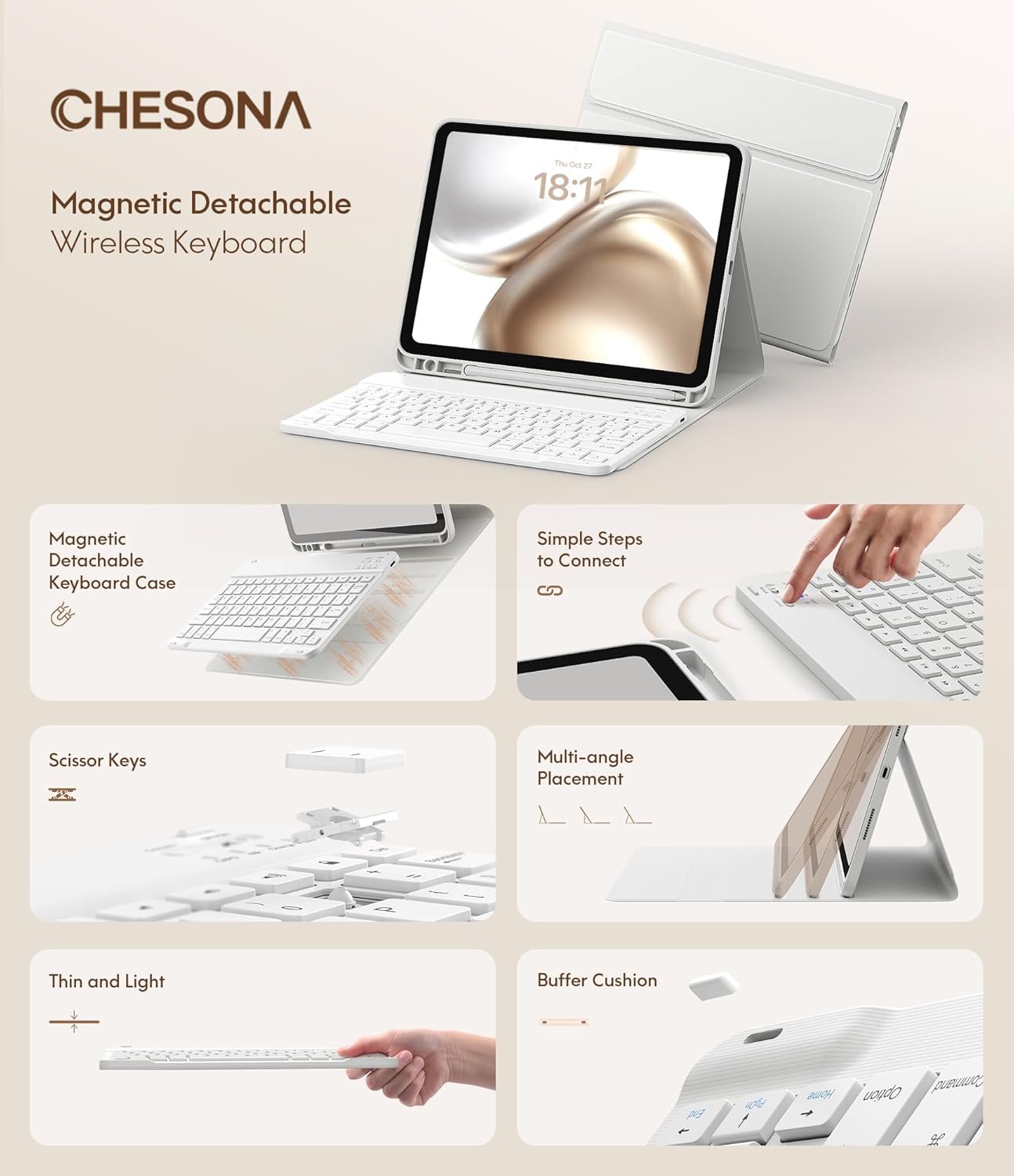 CHESONA Keyboard Case for iPad (A16) 11th/10th Generation (2025/2022), Detachable Wireless Keyboard, Stand Folio Keyboard Cover with Pencil Holder, Thin & Light (White)