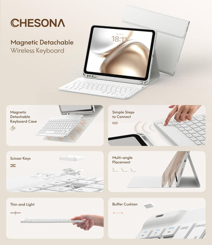 CHESONA Keyboard Case for iPad (A16) 11th/10th Generation (2025/2022), Detachable Wireless Keyboard, Stand Folio Keyboard Cover with Pencil Holder, Thin & Light (White)