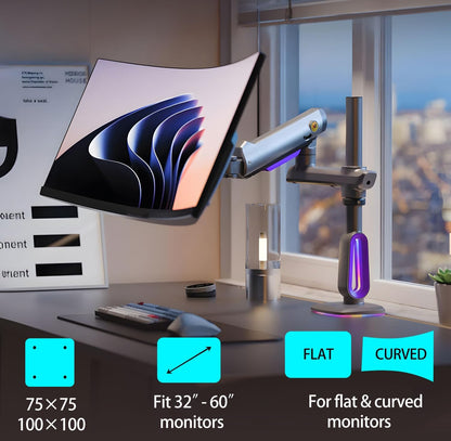RGB Gaming Monitor-Arm for Flat/Ultrawide/Curved Monitors 32 to 60 inch, Heavy Duty Stand Load up to 20 kg, VESA 75/100 mm Monitor Mount G80