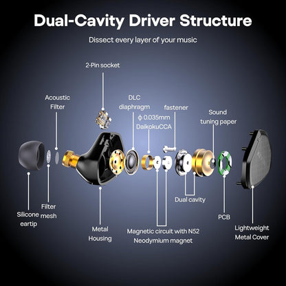 Linsoul Kefine Klean in Ear Monitor,10mm DLC Diaphragm Dynamic Driver HiFi Earphones,Wired Gaming Earbuds,Replaceable Nozzles,Detachable Silver-Plated Cable for Audiophile (with Mic Type-C, Black)