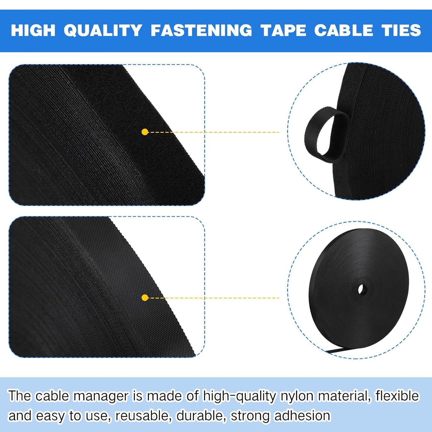 WILLBOND 3/4 Inch x 300ft Fastening Tape Cable Ties Reusable Fastening Nylon Tape Double Side Hook Roll Hook and Loop Straps Wires Cords Management Wire Organizer Straps (Black)