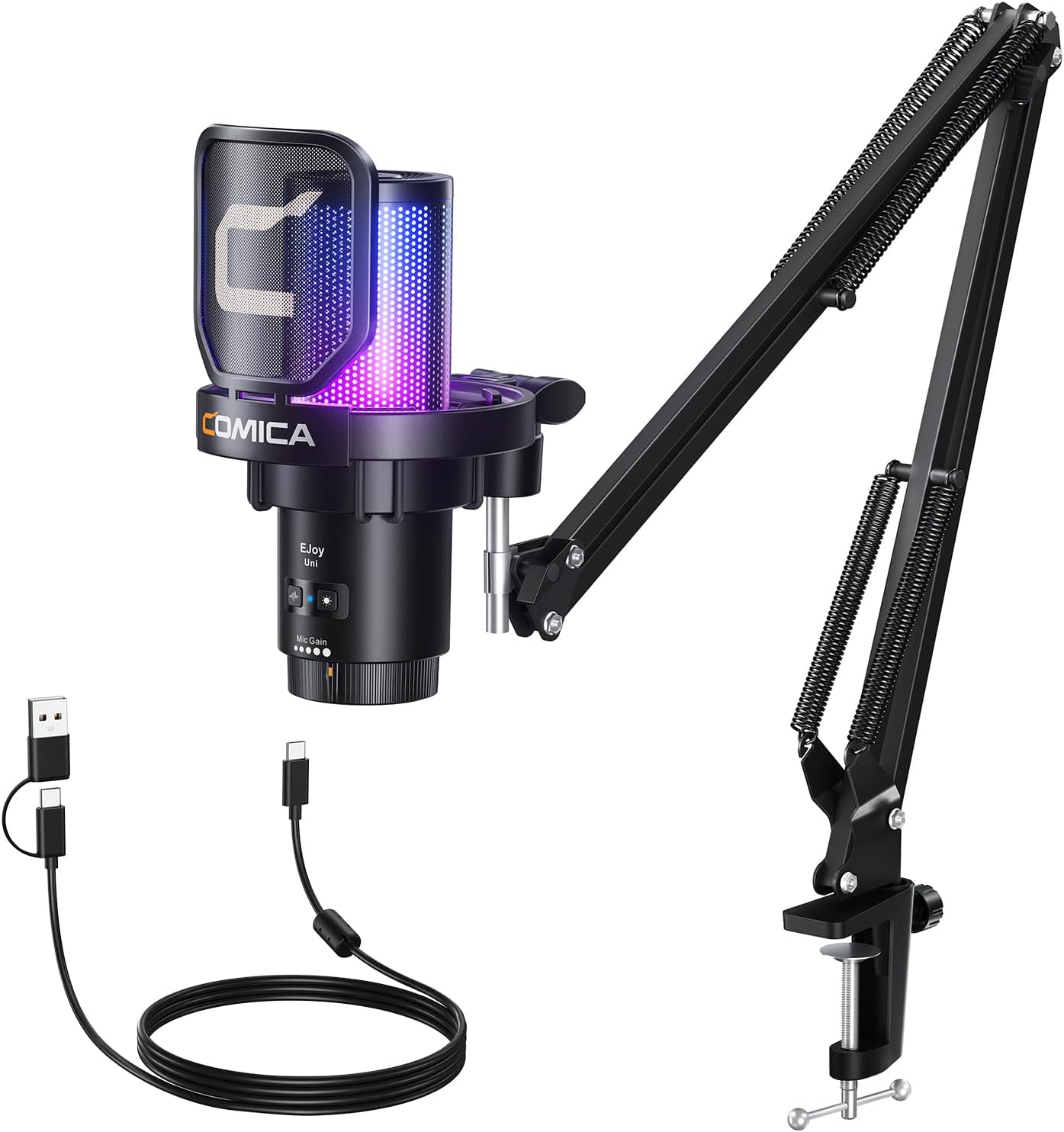 COMICA Ejoy Uni(A) USB Gaming Microphone with Noise Cancellation, RGB Lights, Monitoring, Muting, Streaming Mic for Computer, PS5, PS4, Streaming, Podcast, Chat, Twitch, YouTube, Discord