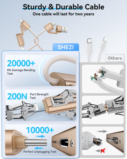 SHEZI 4-in-1 Compatible with USB C to Lightning Cable 60W Fast Charging &Data Transfer, Support to CarPlay & Android Auto,5FT Multi Cords Charger Combo for iPhone/iPad/Samsung/MacBook Cable, Titanium