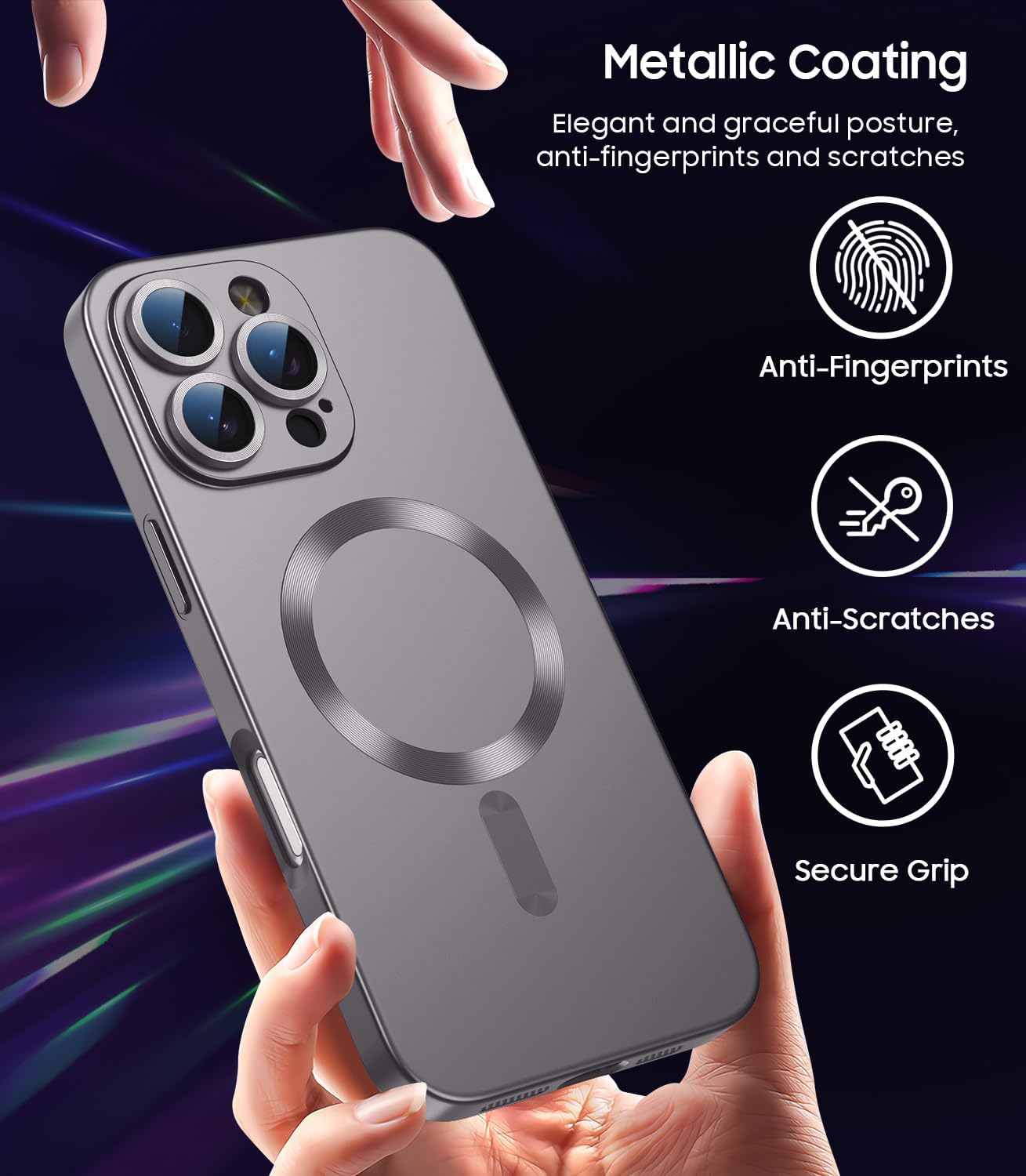 Magnetic for iPhone 16 Pro Case [Compatible with MagSafe][Built-in Camera Lens Protector] Slim Soft Silicone Bumper Shockproof Metallic Phone Case (Titanium Gray)