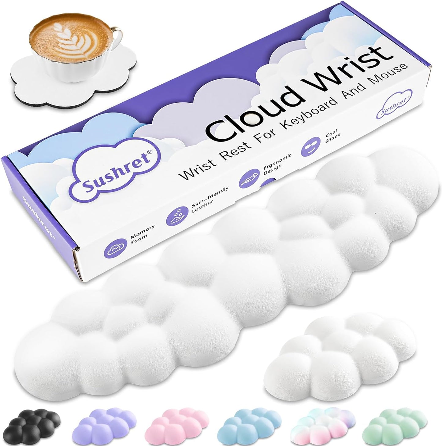 Cloud Wrist Rest Keyboard, Cloud Keyboard Wrist Pad Set with PU Leather Memory Foam, Cute Arm Rest for Palm Support, PC/Gaming Desk Accessories/Office Setup/Computer Hand Cushion - White