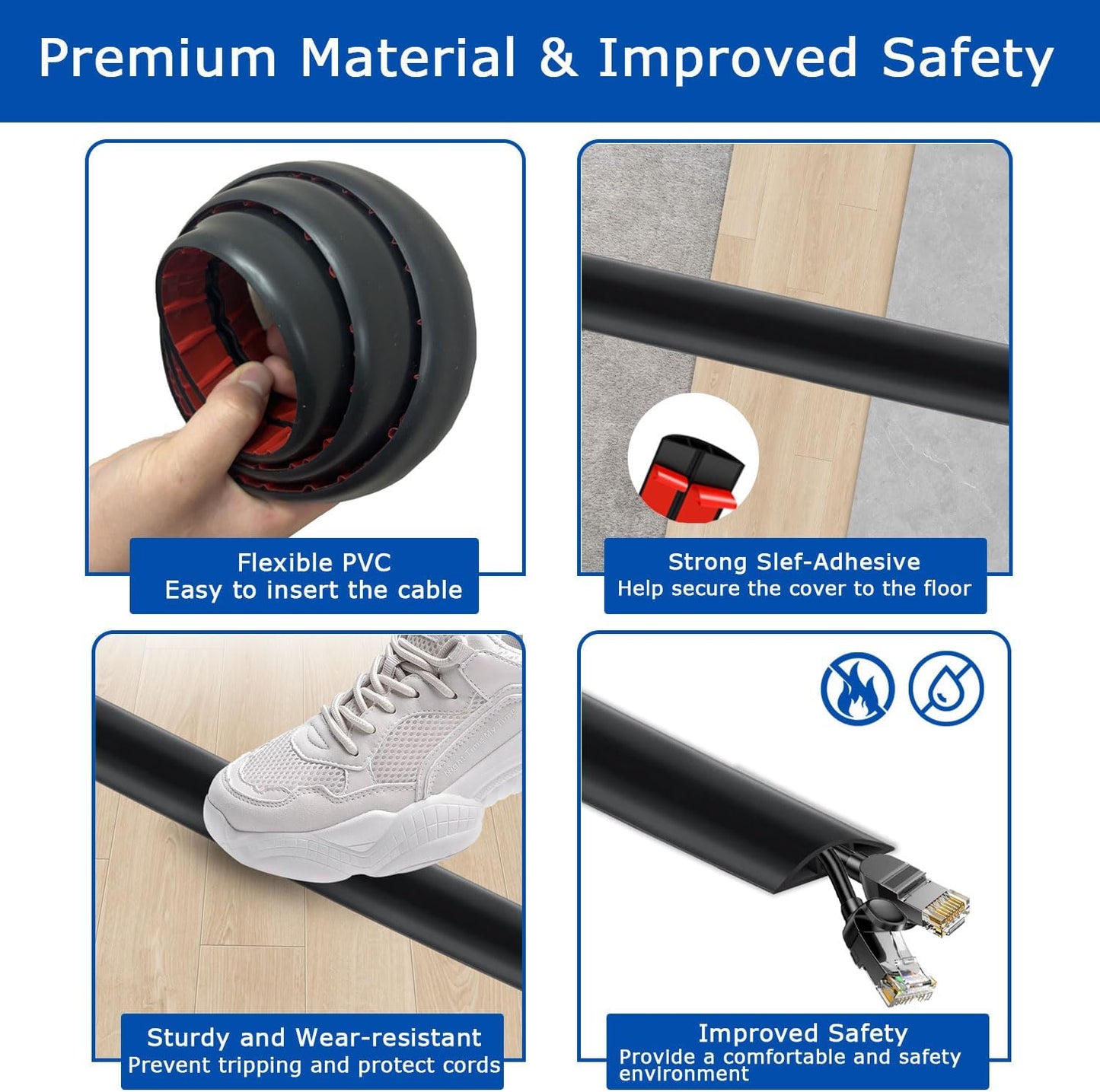 6ft Floor Cord Cover,Cord Hider Floor Black,Extension Cable Cover Power Cord Protector Floor,Floor Cable Management Prevent Cable Trips,Cord Protector Cord Cavity:0.47" (W) x 0.24" (H)