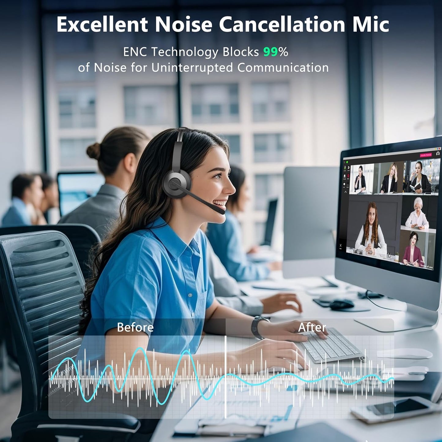 Wireless Headset with Mic for Work, Wireless Headphones with Mic (AI Noise Cancellation) & USB Dongle, 26+ Hrs Working Time, Bluetooth Headset with Mute for PC/Laptop/Office/Call Center/Zoom/Home