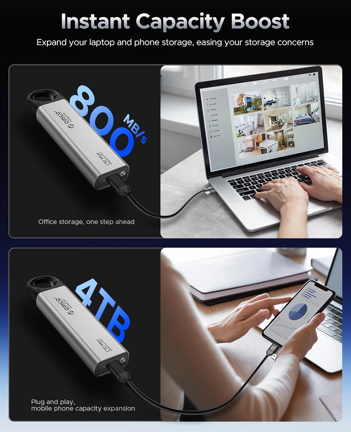 ORICO 4TB Portable SSD Up to 800MB/s, Hanging Hole Design External Solid State Drive, 2 in 1 USB C&A Cable, Durable Storage for Type-C Smartphone, Tablets, Laptops, for Content Creators - C10Max