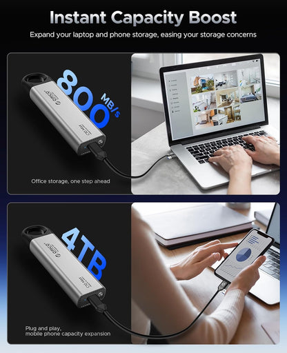 ORICO 4TB Portable SSD Up to 800MB/s, Hanging Hole Design External Solid State Drive, 2 in 1 USB C&A Cable, Durable Storage for Type-C Smartphone, Tablets, Laptops, for Content Creators - C10Max