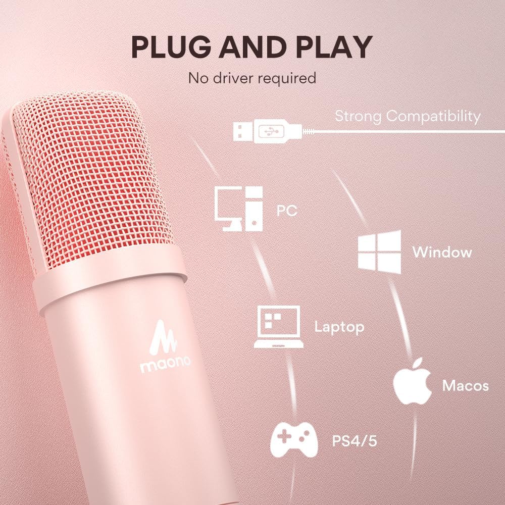 MAONO USB Microphone, 192kHz/24bit Plug & Play PC Computer Podcast Condenser Cardioid Metal Mic Kit with Professional Sound Chipset for Recording, Gaming, Singing, YouTube, AU-A04 Pink