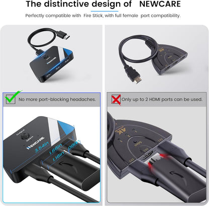 [Upgrade] HDMI Switch 3 in 1 Out, 4K@60Hz HDMI 2.0 Switch Splitter with 2.6FT Long HDMI Cable, 3-Port HDMI Switcher Selector, Supports 4K 30Hz 3D 1080P HDCP2.2 for PS5 Xbox DVD Player Fire Stick PC