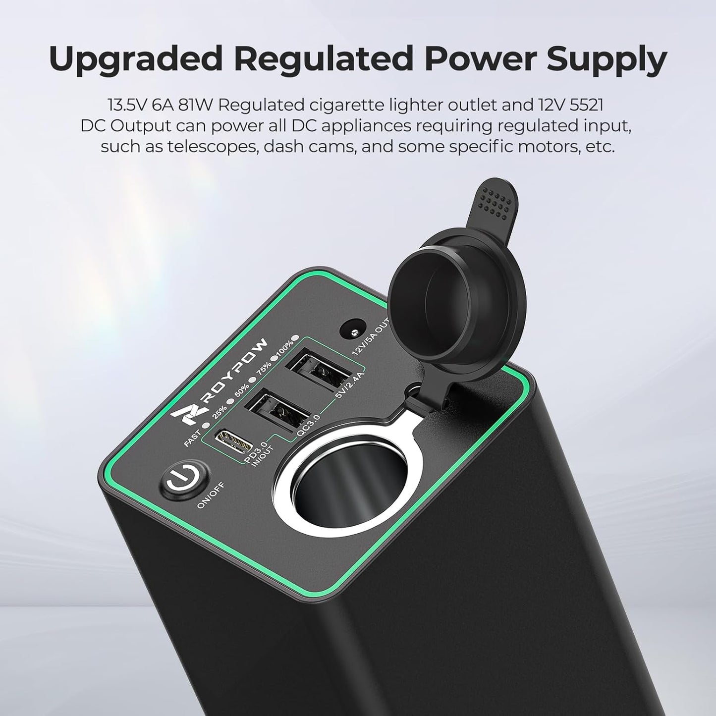 RoyPow 30W PD Portable Charger with 12V 10A Constant Voltage Cigarette Lighter Socket, 86.58Wh USB C Laptop Power Bank, 18W QC & 12V DC Battery Pack, Perfect for Dash Cam Astrophotography or Camping