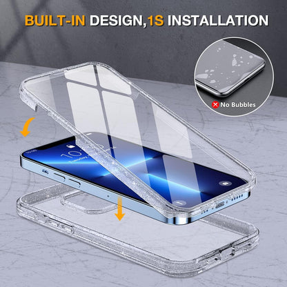 Miracase Glass Case for iPhone 13 Pro Max 6.7 inch, Upgrade Full-Body Clear Bumper Case with Built-in 9H Tempered Glass Screen Protector for iPhone 13 Pro Max, Clear Glitter