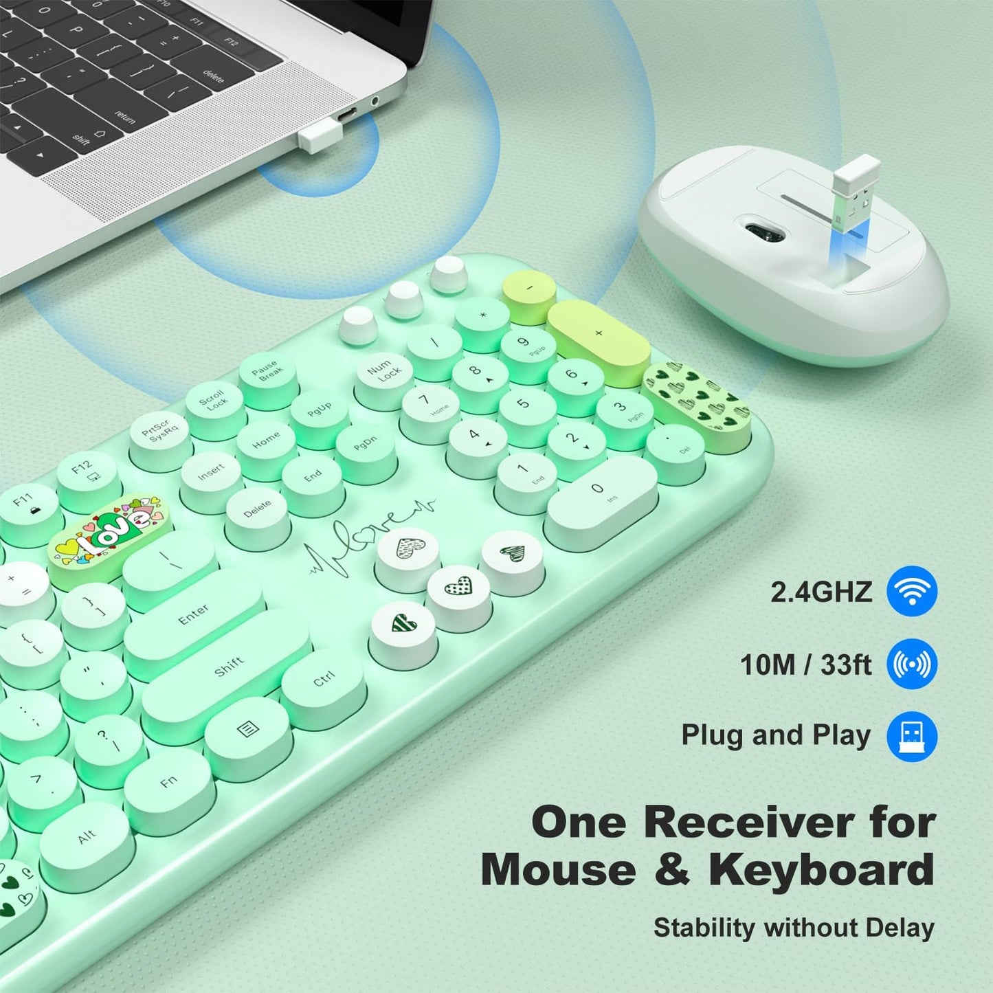 KNOWSQT Wireless Keyboard and Mouse Combo - Lovely Green Rainbow Full-Sized Typewriter Colorful Keyboards, Round Keycap USB Plug Play Retro Cute Keyboards for Windows, Laptop, PC, Desktop, Computer