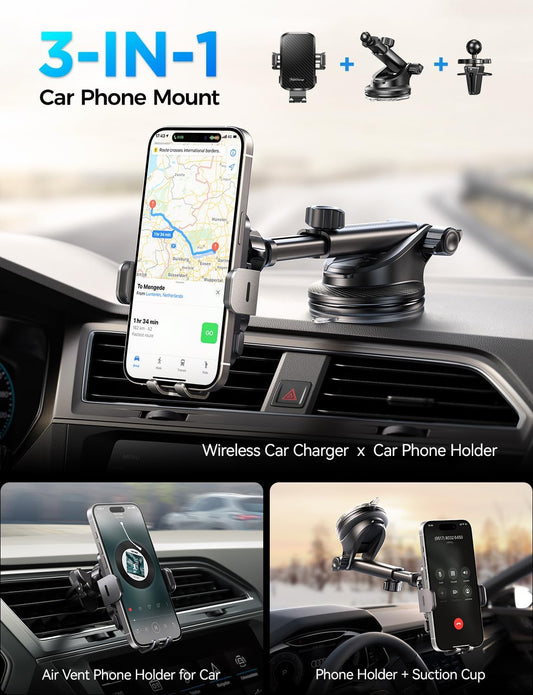 CHGeek Wireless Car Charger with Phone Holder Mount, 15W Fast Charging Auto Clamping Phone Holders for You Car Windshield Dashboard Air Vent Accessories for iPhone, Samsung Galaxy, Google, etc