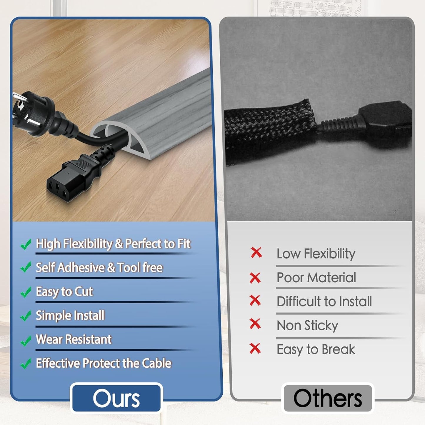 Floor Cord Cover for Wires on Floor Self Adhesive Cord Hider Floor Cable Management Wire Covers for Cords Protector Prevent Cable Trips Cord Cavity W 0.59" x H 0.31", Gray Wood, 3.3Ft