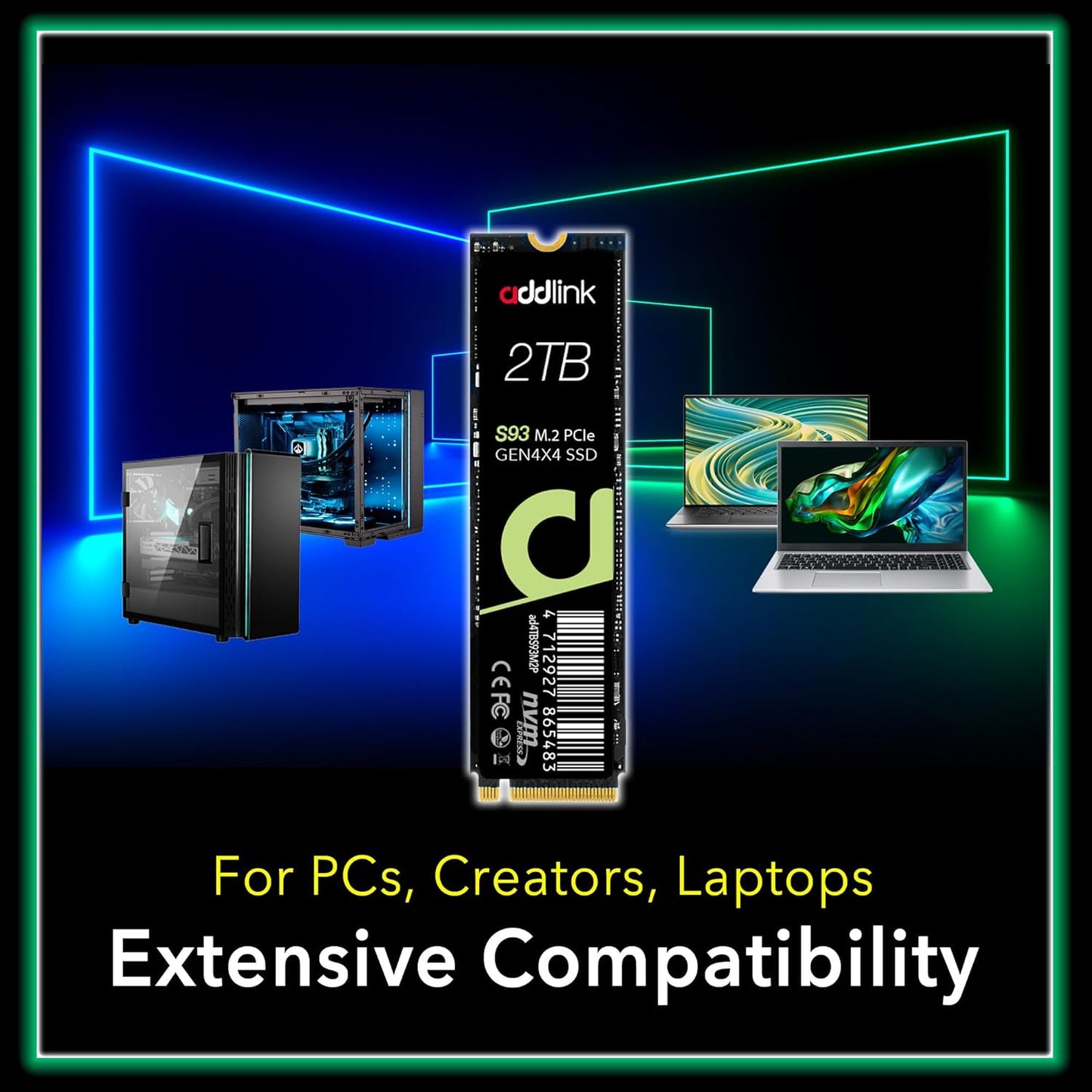 Addlink S93 2TB PCIe 4.0 M.2 Gen 4 Memory Expansion SSD, Up to 7400 MB/s, Internal Solid State Drive with HMB Technology for Laptop, Gaming and Creators