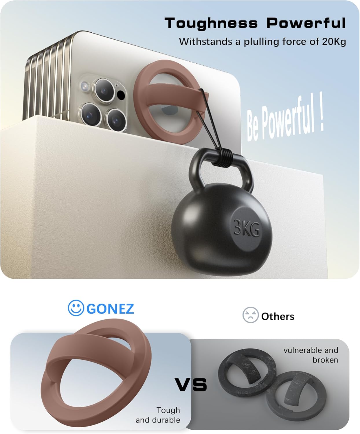 GONEZ Magnetic Phone Grip Compatible with MagSafe, Removable Silicone Loop Grip, Phone Ring Holder for Back of Phone for iPhone 16/15/14/13/12 Series, Brown