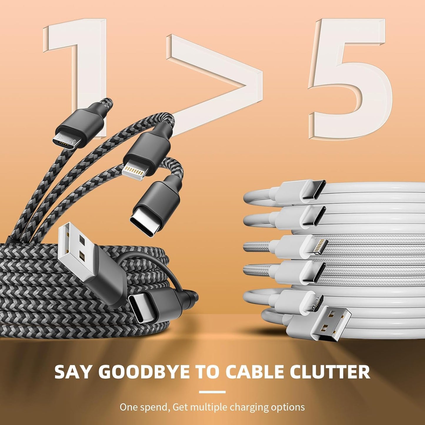 Multi Charging Cable 5 in 1, 2Pack 5FT USB C/A Multi Charger Cable to Type-C/Micro USB Port, Nylon Braided USB C Multiple Charger Cord for All Devices, Universal Phone Charger Cord for Cell Phones