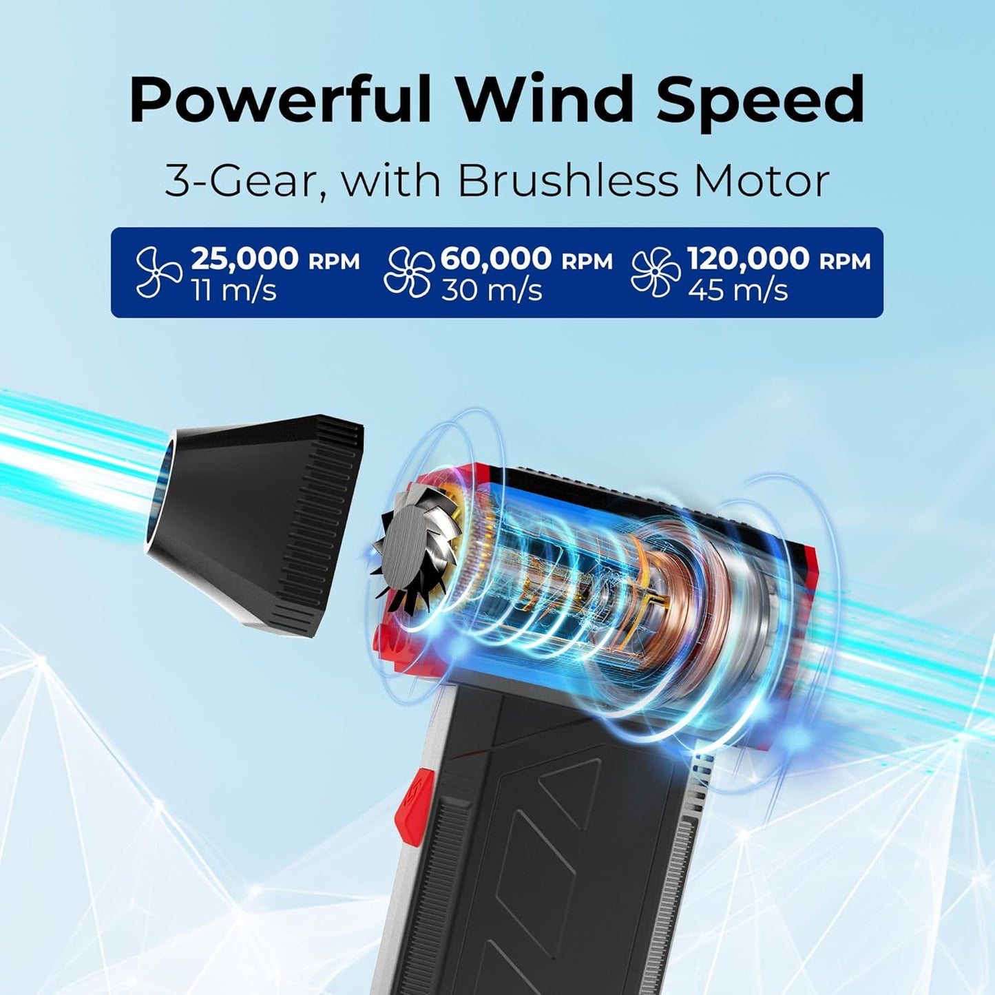 Rosewill Electric Air Duster - 120,000 RPM Super Power Cordless Compressed Air Duster, 3-Gear Adjustable Mini Blower with Fast Charging, Dust Blower for Computer, Keyboard, Pet, House, Outdoor and Car