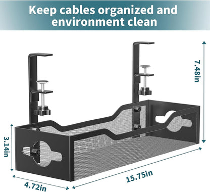 Under Desk Cable Management Tray Black, Litwaro Cable Management Under Desk No Drill, Cable Organizer with Clamp for Wire Management, Cord Organizer No Damage to Desk for Office, Home