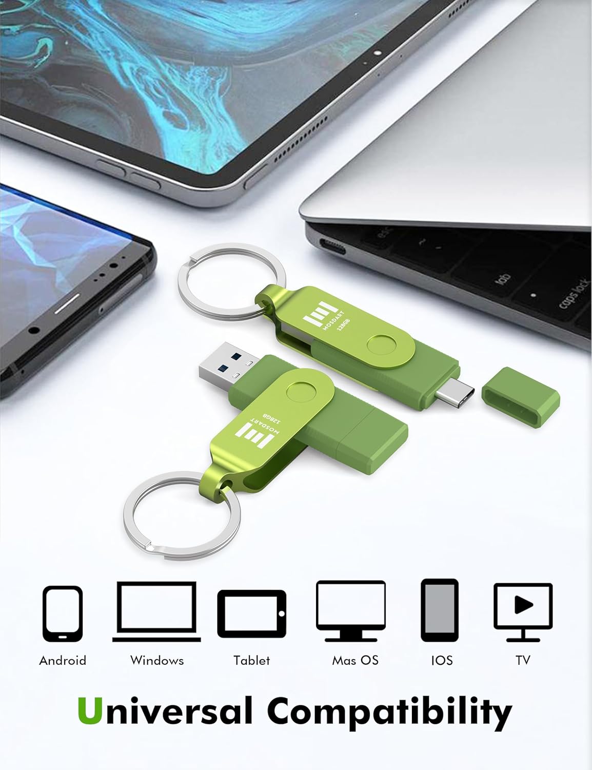 MOSDART 128GB USB3.1 Fast Speed C and A Dual Flash Drive, exFAT Memory Stick with Keychain and LED Indicator, for iPhone 15 and 16, Android Phone, iPad, MacBook, and Other Laptops, Green