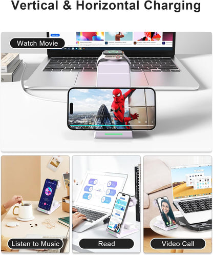 Wireless Charging Station for iPhone - ADADPU 3 in 1 Charger Stand for iPhone 16 15 14 13 12 11 Pro Max XR XS 8 Plus, Wireless Charging Dock for Apple Watch 8/7/SE/6/5/4/3/2, AirPods Pro/3/2 (Purple)