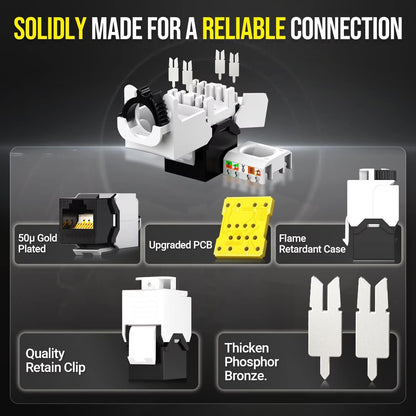 AMPCOM CAT6 RJ45 Keystone Jack - Reusable UTP Ethernet Wall Jack with Adjustable Ratchet Lock Design, No Tool and Zip Tie Required - 50u Gold Plated - Black (6-Pack)