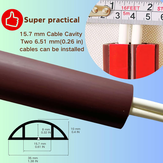 3.3ft Self Adhesive Floor Cord Cover,Heavy Duty Soft PVC Cable Protector and Extension Cord Hider,Cord Management System to Hide Wires on Floor,Cable Cavity:0.61" (W) x 0.32" (H) Brown