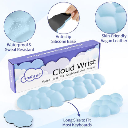 Cloud Wrist Rest Keyboard, Cloud Keyboard Wrist Pad Set with PU Leather Memory Foam, Cute Arm Rest for Palm Support, PC/Gaming Desk Accessories/Office Setup/Computer Hand Cushion - Blue