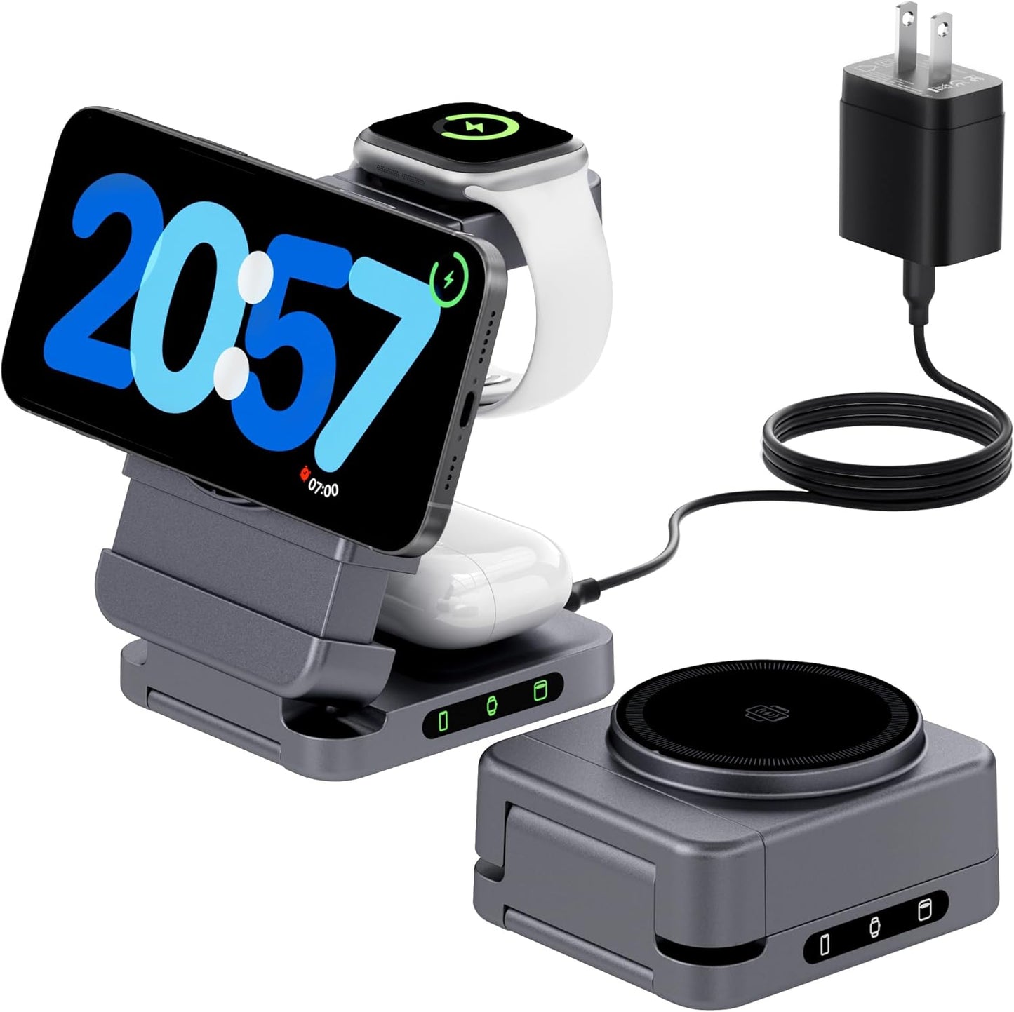 【2025 Upgraded】 Wireless Charger 3 in 1, Foldable Wireless Charging Station, Travel Magnetic Charger Stand, Nightstand 15W Charging Station for iPhone 16 Samsung S25 Samsung Watch TWS Earphone