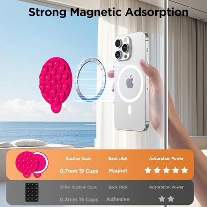 Magnetic Suction Cup Phone Mount for MagSafe Case, Silicone Hands-Free Grip Holder for iPhone and Android, Mirror Shower Phone Stand for Makeup FaceTime Gym Kitchen Bathroom, Neon Pink
