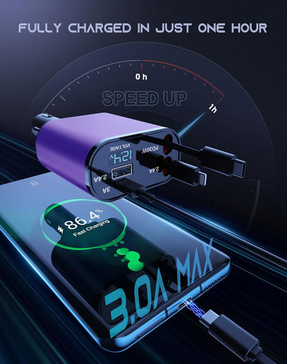 Retractable Car Phone Charger, 4 in 1 Fast Charge Car Phone Charger with 2 Retractable Cables(2.6ft) and 2 USB Ports, Compatible with iPhone15/14/15 Pro Max,Samsung (Purple)