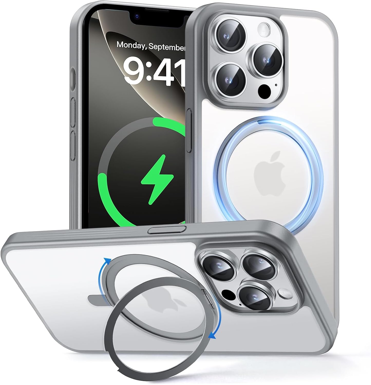 MAGIC JOHN 360° Rotatable Magnetic Invisible Stand for iPhone 14 Pro Max Case [Anti-Slip Grip] [Compatible with MagSafe] 16FT Shockproof for iPhone 14 Pro Max Case with Kickstand, Gray