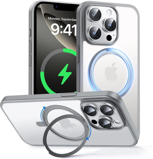 MAGIC JOHN 360° Rotatable Magnetic Invisible Stand for iPhone 14 Pro Max Case [Anti-Slip Grip] [Compatible with MagSafe] 16FT Shockproof for iPhone 14 Pro Max Case with Kickstand, Gray
