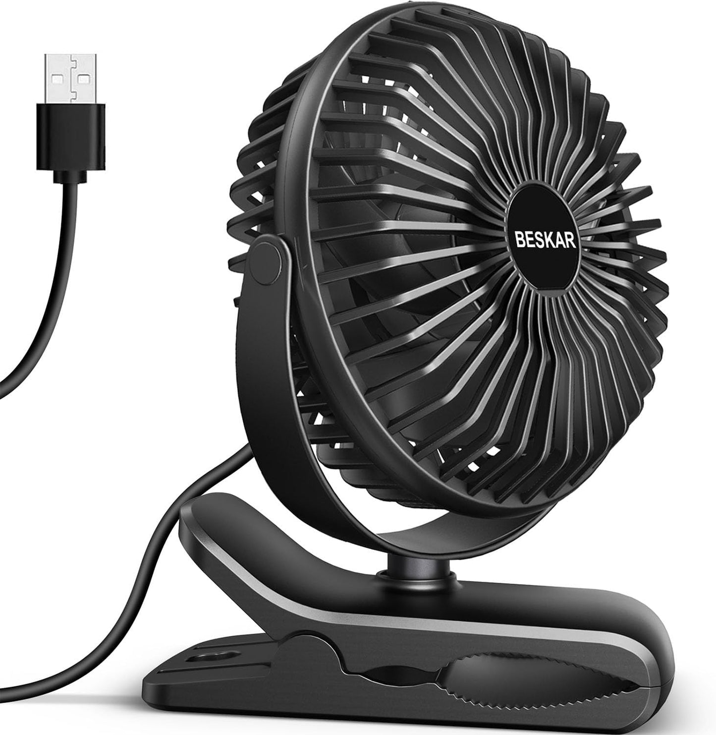 BESKAR Small Clip on Fan, 3 Speeds USB Fans with Strong Airflow, Clip & Desk Fans USB Plug in with Sturdy Clamp - Ultra Quiet operation for Office Dorm Bedroom Stroller
