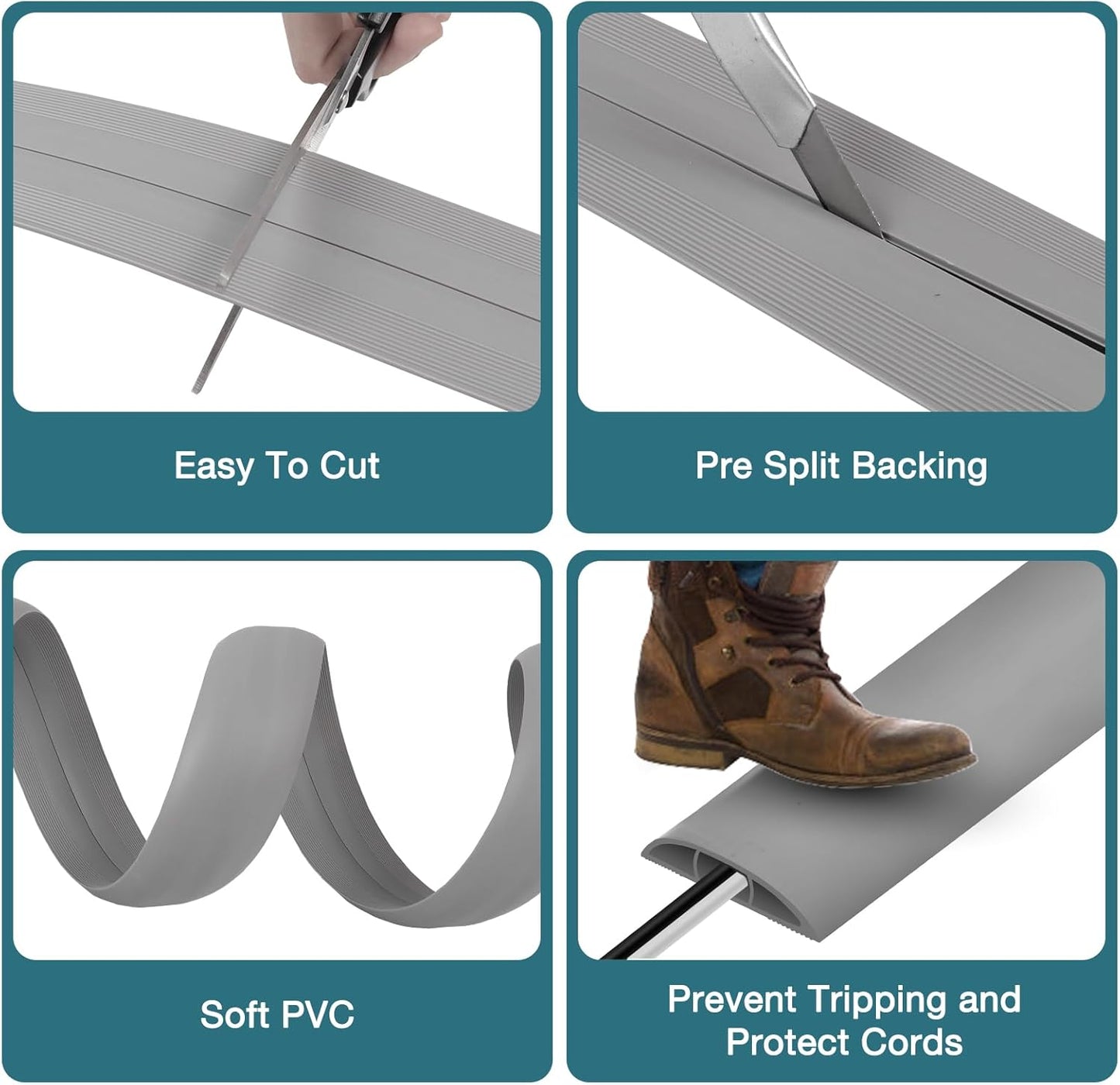 Floor Cord Cover, Cable Protector, 0.63W x 0.31H inches, Wire Cover for Extension Cords, Floor Cable Covers Prevent Cable Trips (Gray, 50-10 Feet)