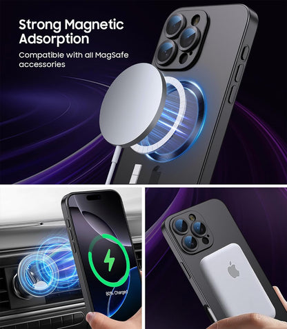 Magnetic for iPhone 16 Pro Max Case [Compatible with MagSafe][Built-in Camera Lens Protector] Slim Soft Silicone Bumper Shockproof Metallic Luster Phone Case (Black)