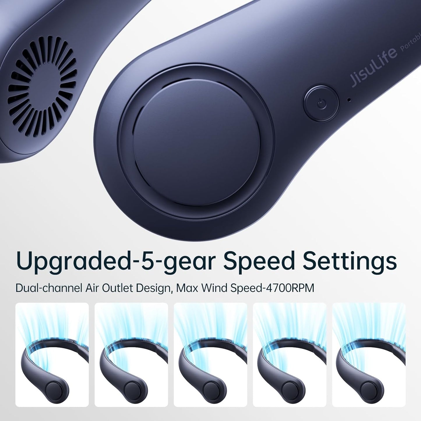 JISULIFE Portable Neck Fan, Hands Free Bladeless Fan, 5 Speeds, 4000 mAh Battery Operated Wearable Personal Fan, Twistable, Rechargeable, Gift for Women Men-Blue